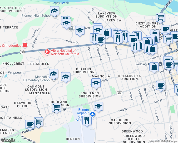 map of restaurants, bars, coffee shops, grocery stores, and more near 1347 Walnut Avenue in Redding