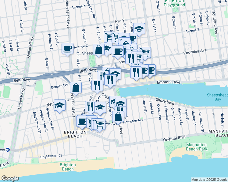 map of restaurants, bars, coffee shops, grocery stores, and more near 10 Shore Boulevard in Brooklyn