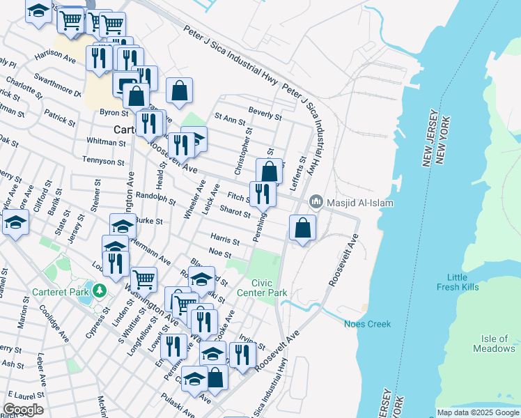 map of restaurants, bars, coffee shops, grocery stores, and more near 315 Pershing Avenue in Carteret