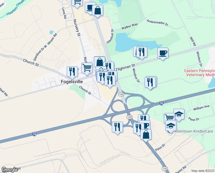 map of restaurants, bars, coffee shops, grocery stores, and more near 7720 Main Street in Fogelsville