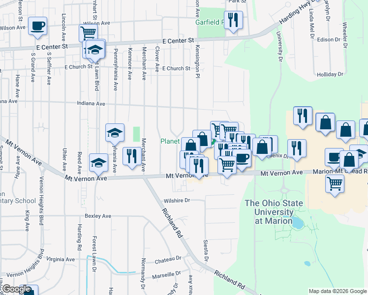 map of restaurants, bars, coffee shops, grocery stores, and more near 441 Kensington Place in Marion