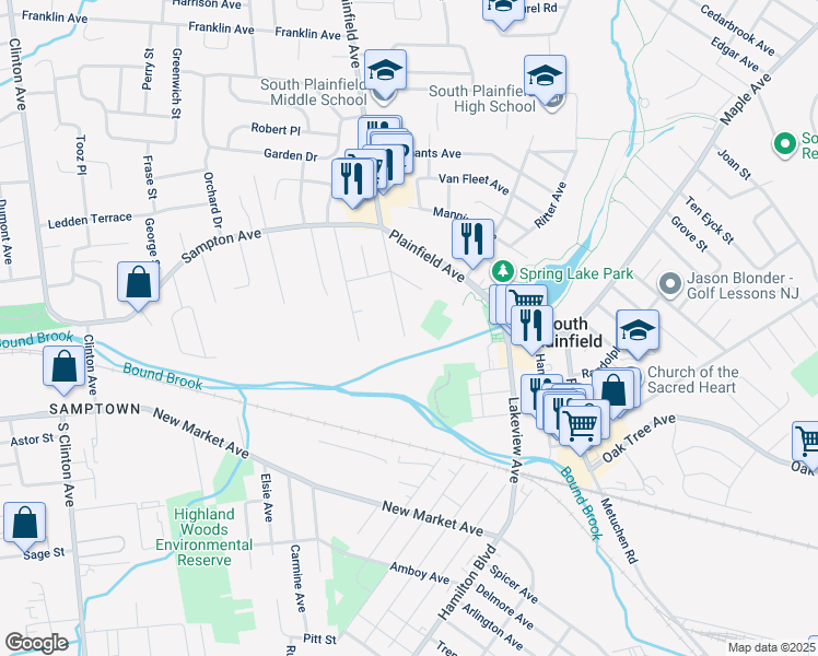 map of restaurants, bars, coffee shops, grocery stores, and more near 233 Lowden Avenue in South Plainfield
