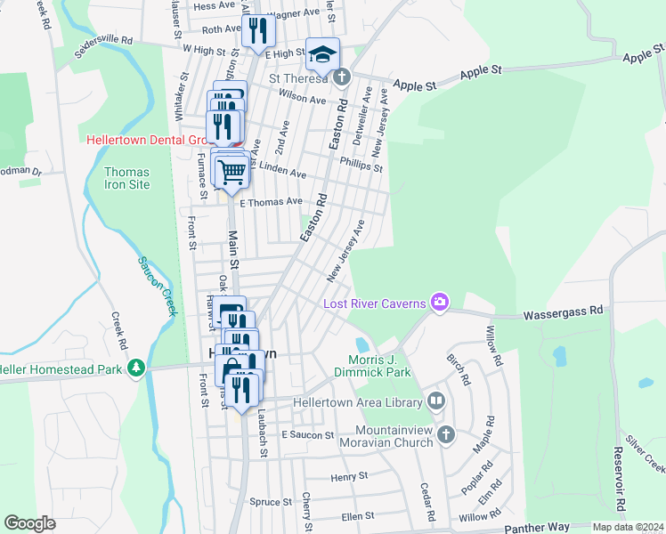 map of restaurants, bars, coffee shops, grocery stores, and more near 1030 New Jersey Avenue in Hellertown