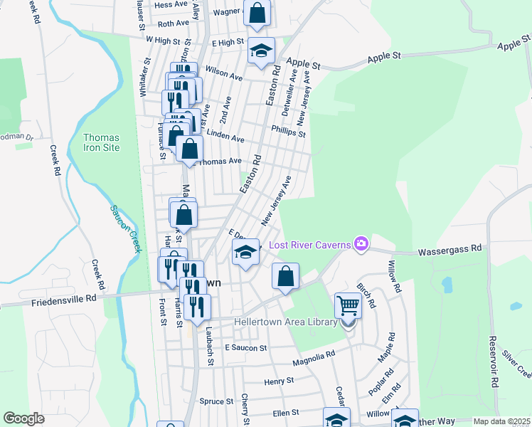 map of restaurants, bars, coffee shops, grocery stores, and more near 1030 New Jersey Avenue in Hellertown
