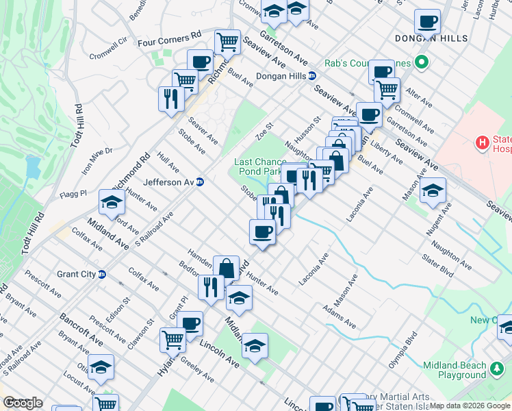 map of restaurants, bars, coffee shops, grocery stores, and more near 192 Stobe Avenue in Staten Island