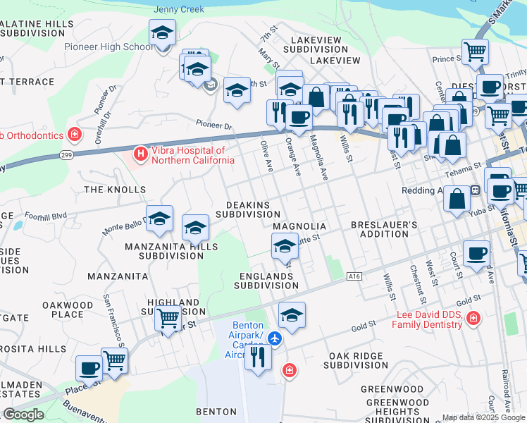 map of restaurants, bars, coffee shops, grocery stores, and more near 1347 Walnut Avenue in Redding