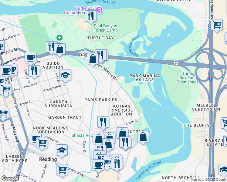 map of restaurants, bars, coffee shops, grocery stores, and more near 488 Rome Avenue in Redding