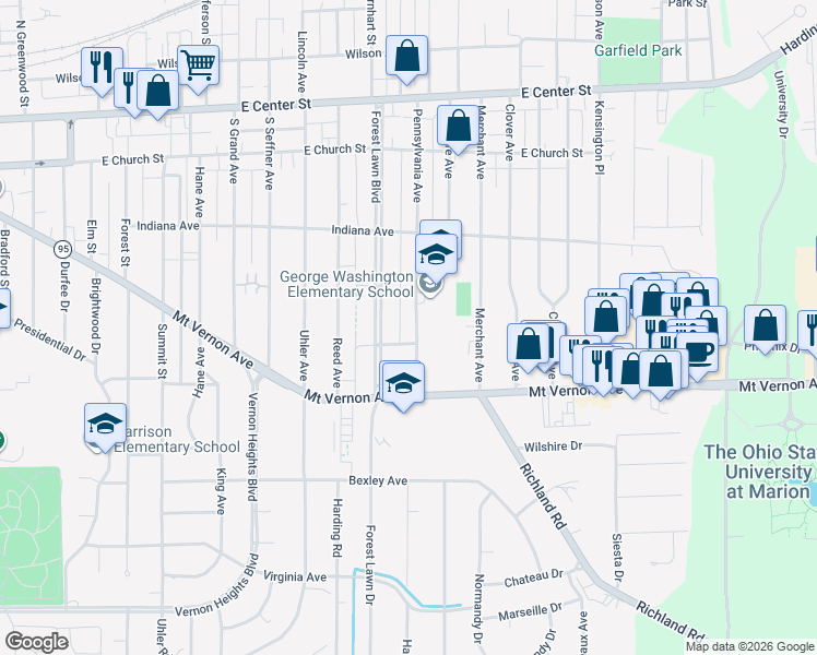 map of restaurants, bars, coffee shops, grocery stores, and more near 421 Pennsylvania Avenue in Marion