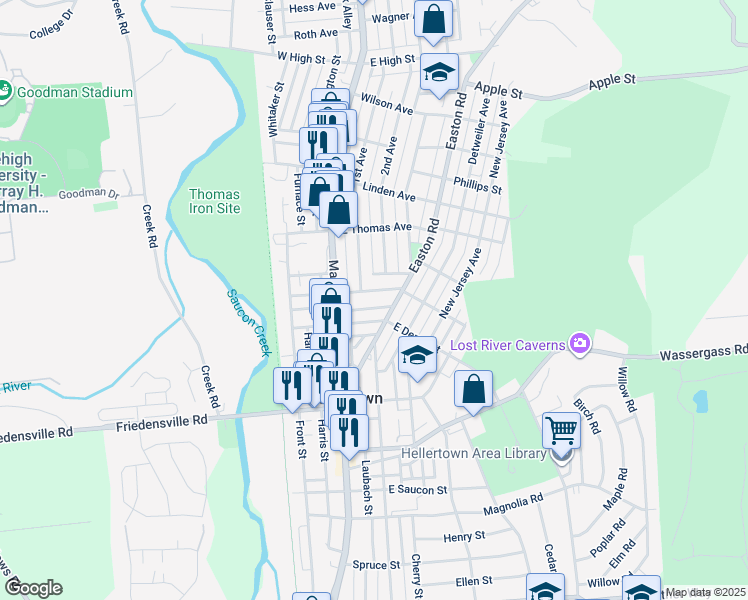 map of restaurants, bars, coffee shops, grocery stores, and more near 118 East Chestnut Street in Hellertown