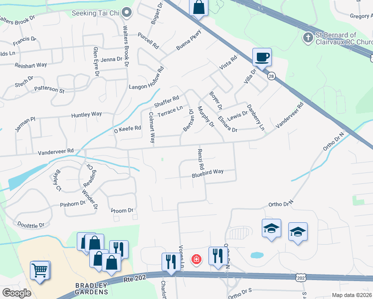 map of restaurants, bars, coffee shops, grocery stores, and more near 443 Vanderveer Road in Raritan