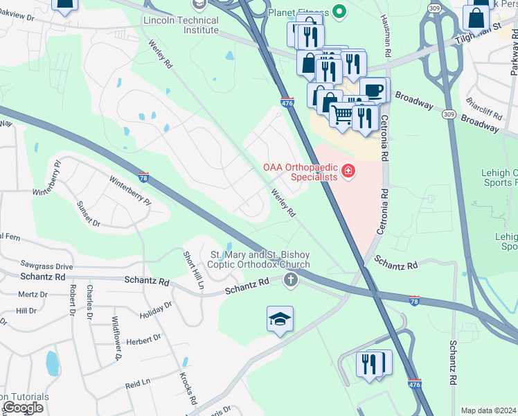 map of restaurants, bars, coffee shops, grocery stores, and more near 233 Snapdragon Way in Allentown