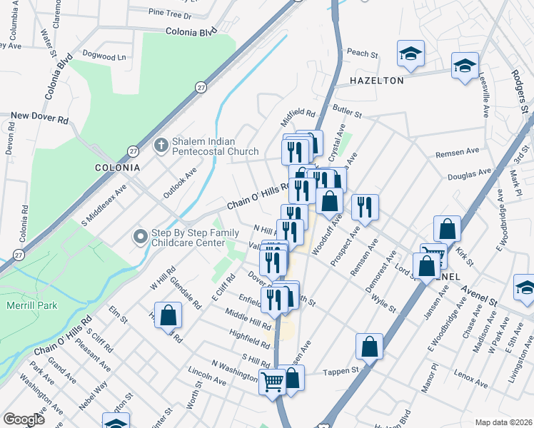 map of restaurants, bars, coffee shops, grocery stores, and more near 25 Christopher Lane in Woodbridge Township