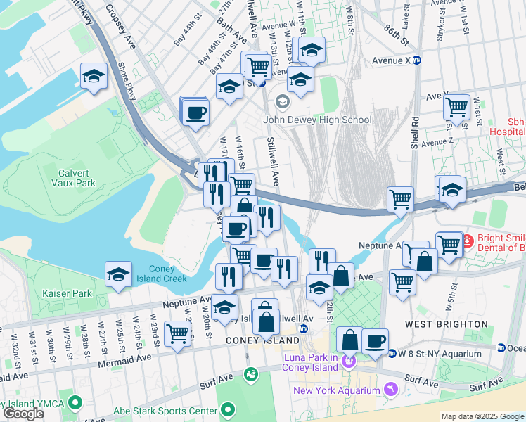 map of restaurants, bars, coffee shops, grocery stores, and more near 2656 Stillwell Avenue in Brooklyn