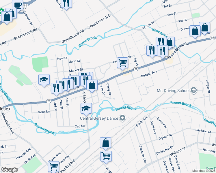 map of restaurants, bars, coffee shops, grocery stores, and more near 111 Cindy Court in Middlesex