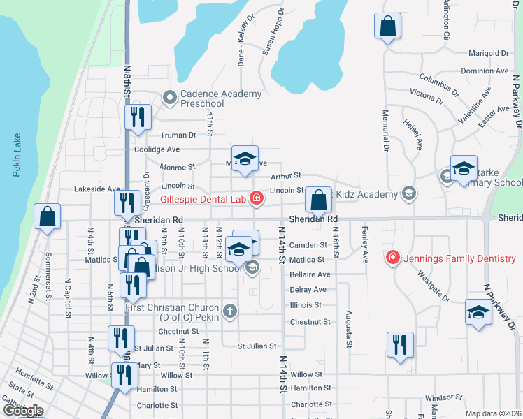 map of restaurants, bars, coffee shops, grocery stores, and more near 1307 Sheridan Road in Pekin