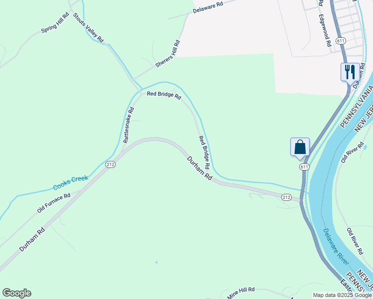 map of restaurants, bars, coffee shops, grocery stores, and more near 5235 Route 212 in Riegelsville