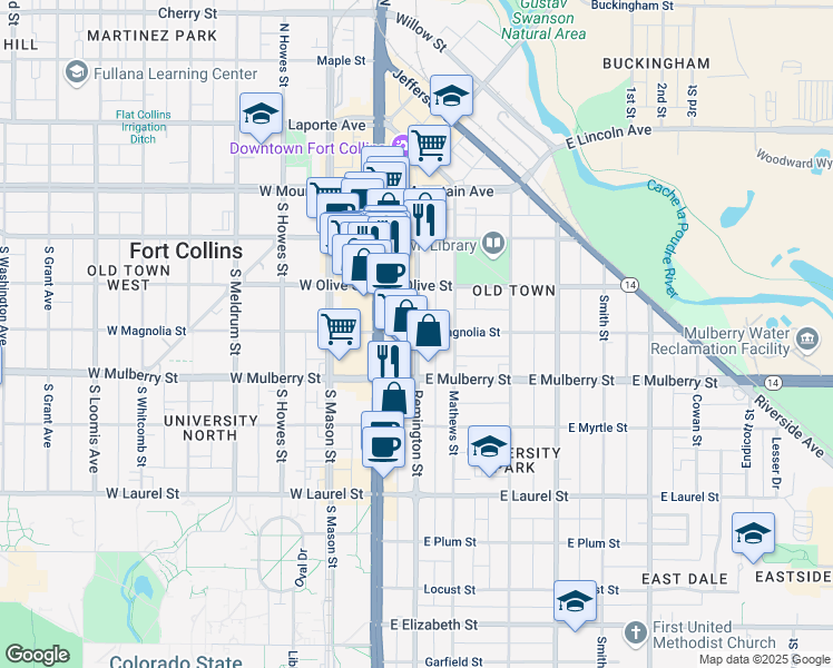 map of restaurants, bars, coffee shops, grocery stores, and more near 405 Remington Street in Fort Collins