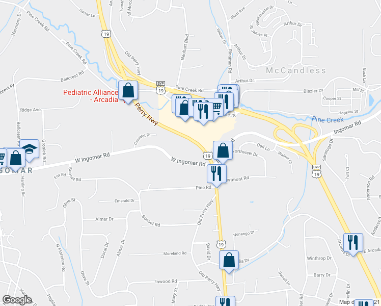 map of restaurants, bars, coffee shops, grocery stores, and more near 138 West Ingomar Road in Pittsburgh