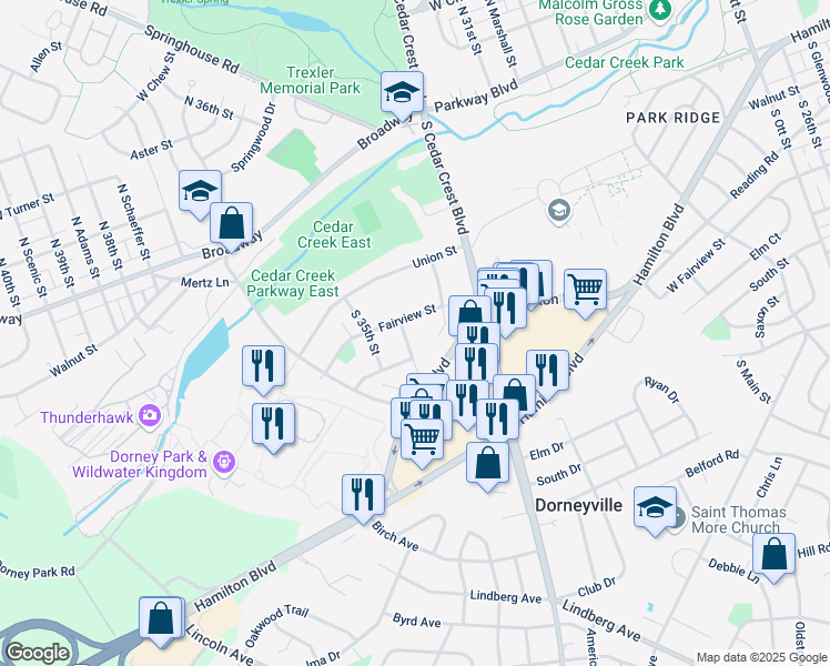 map of restaurants, bars, coffee shops, grocery stores, and more near 317 South 34th Street in Allentown
