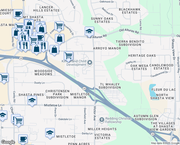 map of restaurants, bars, coffee shops, grocery stores, and more near 1664 Victor Avenue in Redding