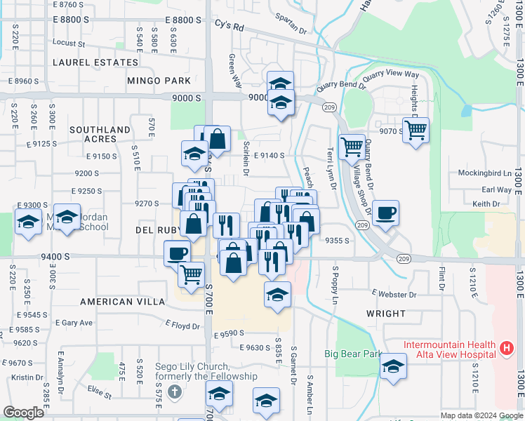 map of restaurants, bars, coffee shops, grocery stores, and more near 809 Oakhampton Dr in Sandy