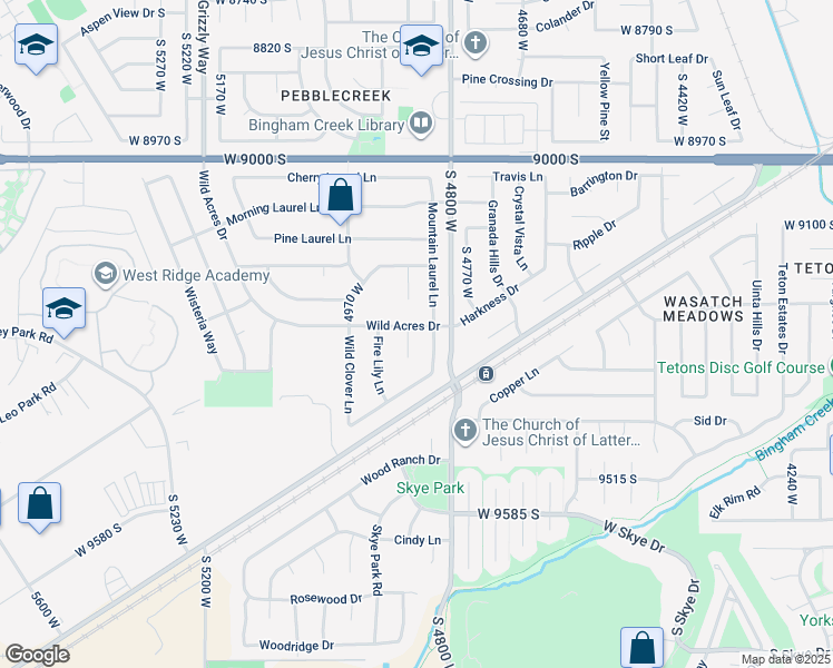 map of restaurants, bars, coffee shops, grocery stores, and more near 9295 Star Lily Circle in West Jordan