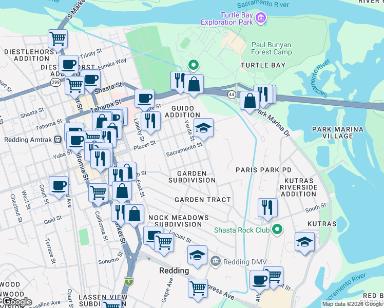 map of restaurants, bars, coffee shops, grocery stores, and more near 822 Florence Street in Redding