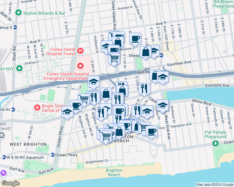 map of restaurants, bars, coffee shops, grocery stores, and more near 720 Brighton 8th Street in Brooklyn