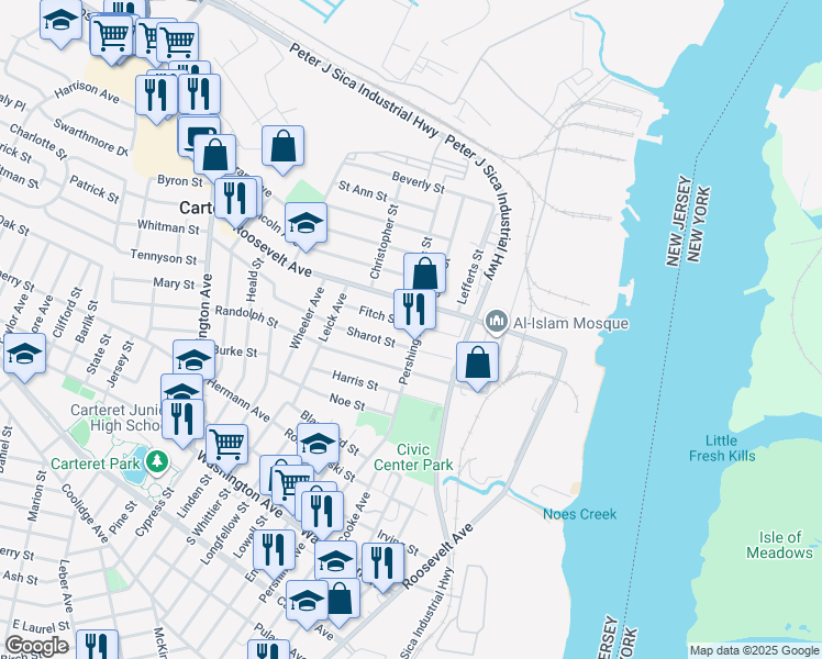 map of restaurants, bars, coffee shops, grocery stores, and more near 315 Pershing Avenue in Carteret