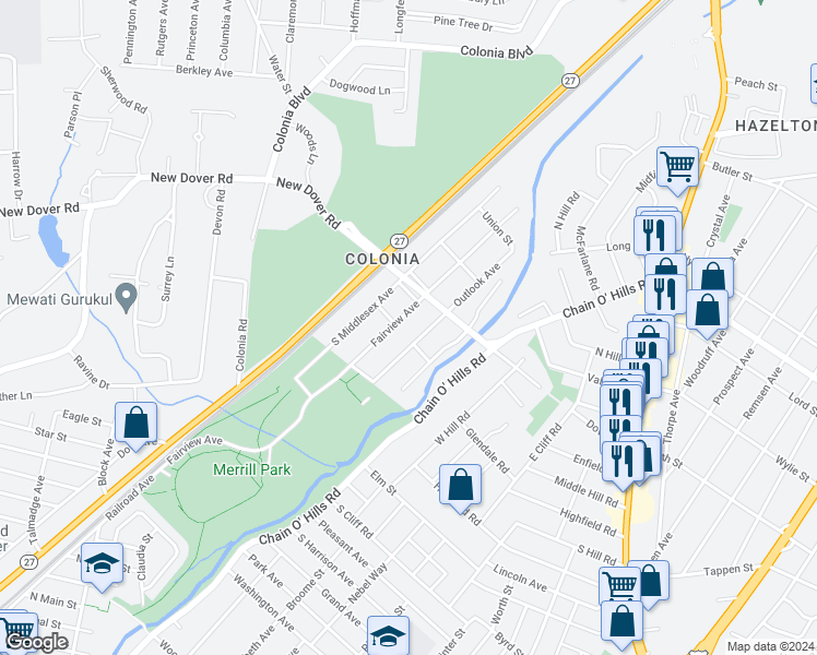 map of restaurants, bars, coffee shops, grocery stores, and more near 350 Outlook Avenue in Woodbridge Township