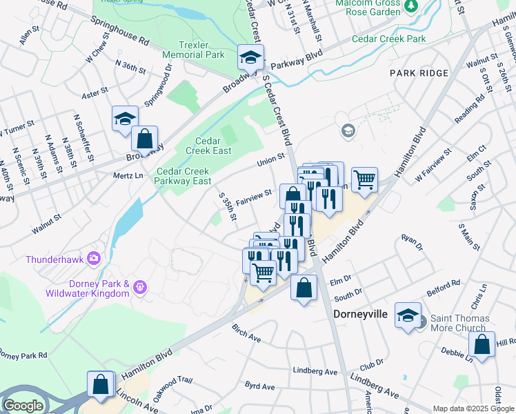 map of restaurants, bars, coffee shops, grocery stores, and more near 317 South 34th Street in Allentown