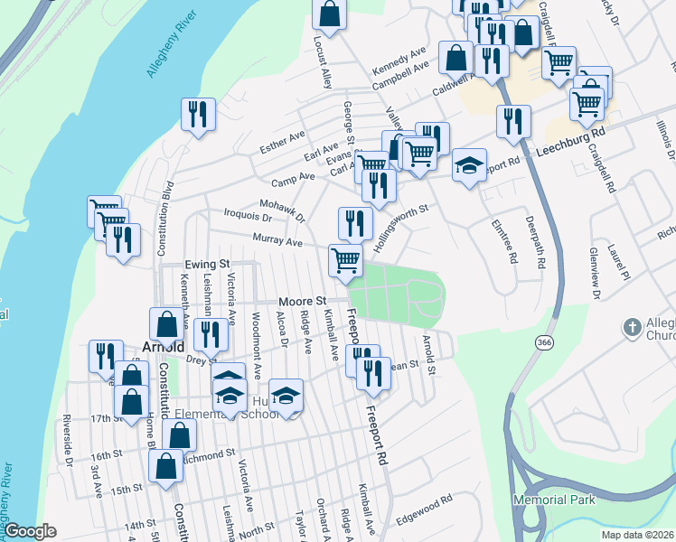 map of restaurants, bars, coffee shops, grocery stores, and more near 2015 Freeport Road in Arnold