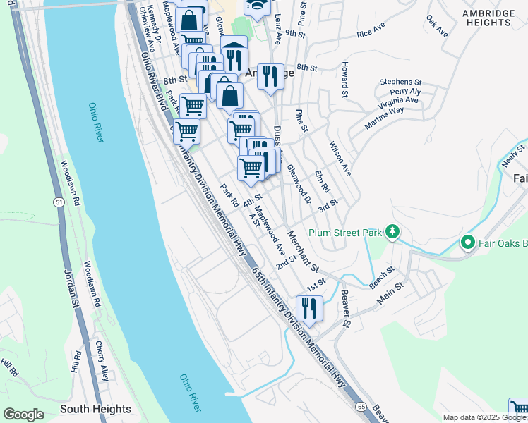 map of restaurants, bars, coffee shops, grocery stores, and more near 328 Park Road in Ambridge