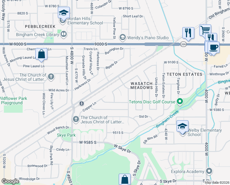 map of restaurants, bars, coffee shops, grocery stores, and more near 4551 Bingham Park Drive in West Jordan
