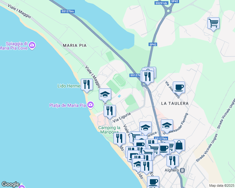 map of restaurants, bars, coffee shops, grocery stores, and more near Via Francesco Costantino in Alghero