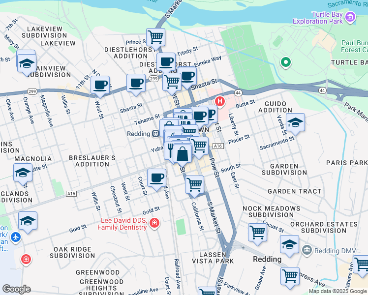 map of restaurants, bars, coffee shops, grocery stores, and more near 1636 California-Market Alley in Redding