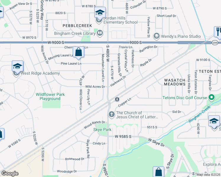 map of restaurants, bars, coffee shops, grocery stores, and more near 4791 Harkness Drive in West Jordan
