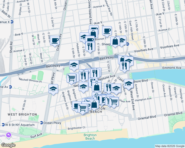 map of restaurants, bars, coffee shops, grocery stores, and more near 720 Brighton 8th Street in Brooklyn