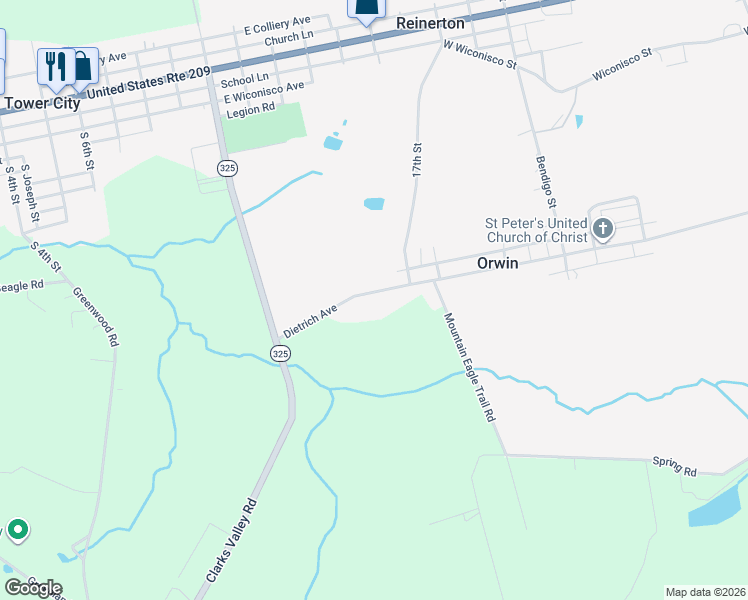 map of restaurants, bars, coffee shops, grocery stores, and more near 78 Dietrich Avenue in Tower City