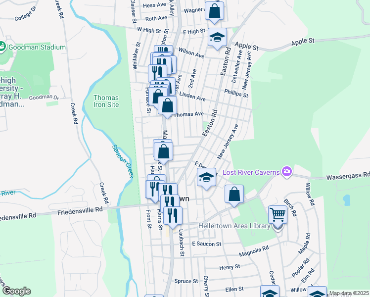 map of restaurants, bars, coffee shops, grocery stores, and more near 118 East Chestnut Street in Hellertown