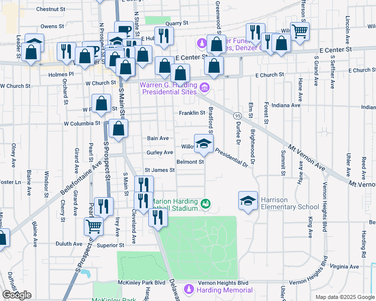 map of restaurants, bars, coffee shops, grocery stores, and more near 322 Belmont Street in Marion