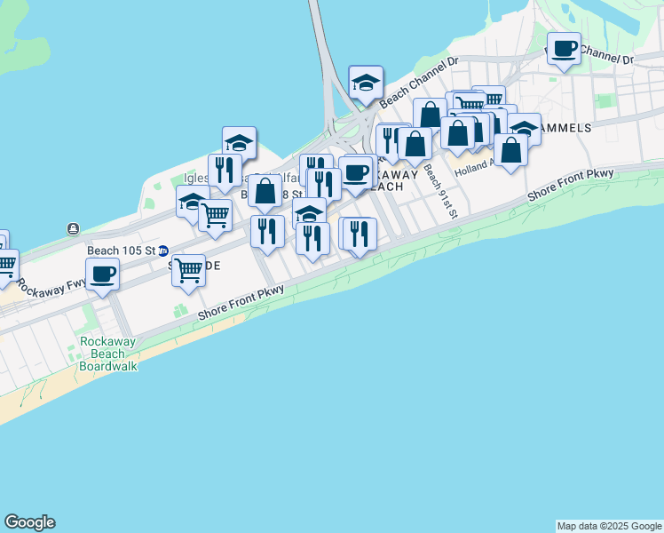 map of restaurants, bars, coffee shops, grocery stores, and more near 98-57 Shore Front Parkway in Queens