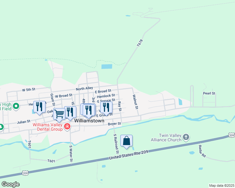 map of restaurants, bars, coffee shops, grocery stores, and more near 248 East Broad Street in Williamstown
