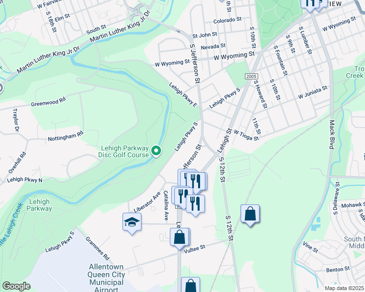 map of restaurants, bars, coffee shops, grocery stores, and more near 1423 Lehigh Parkway South in Allentown