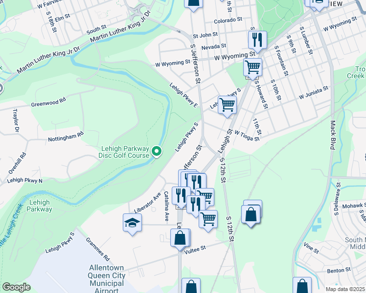 map of restaurants, bars, coffee shops, grocery stores, and more near 1423 Lehigh Parkway South in Allentown