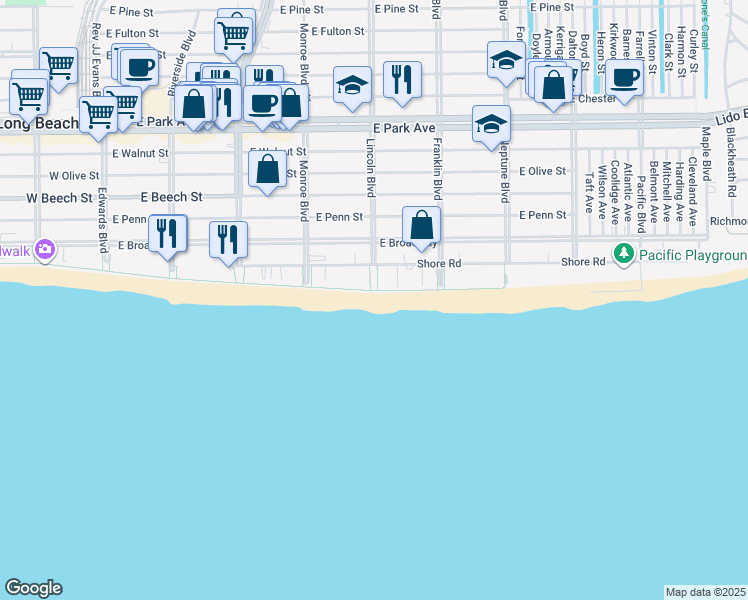 map of restaurants, bars, coffee shops, grocery stores, and more near 1 Lincoln Boulevard in Long Beach
