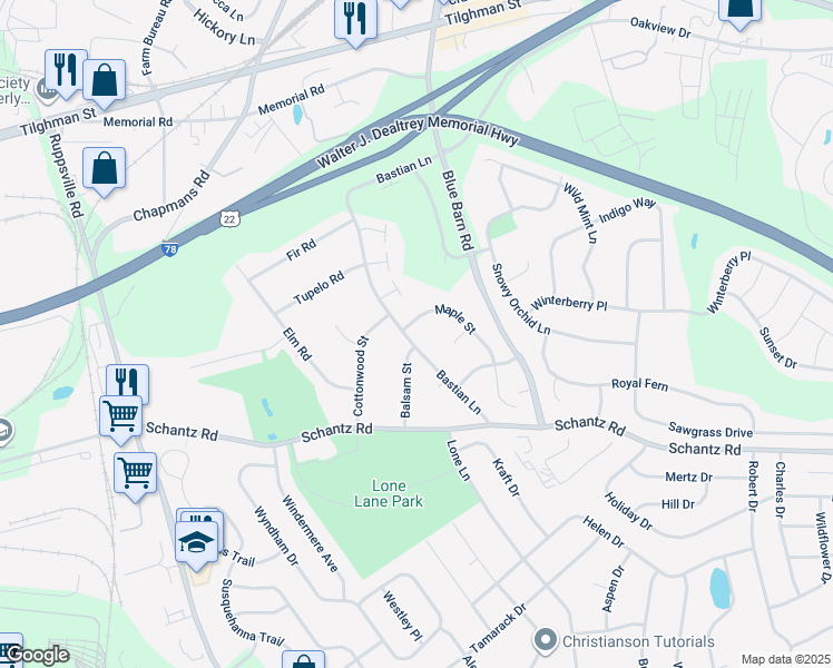 map of restaurants, bars, coffee shops, grocery stores, and more near 43 Bastian Lane in Allentown
