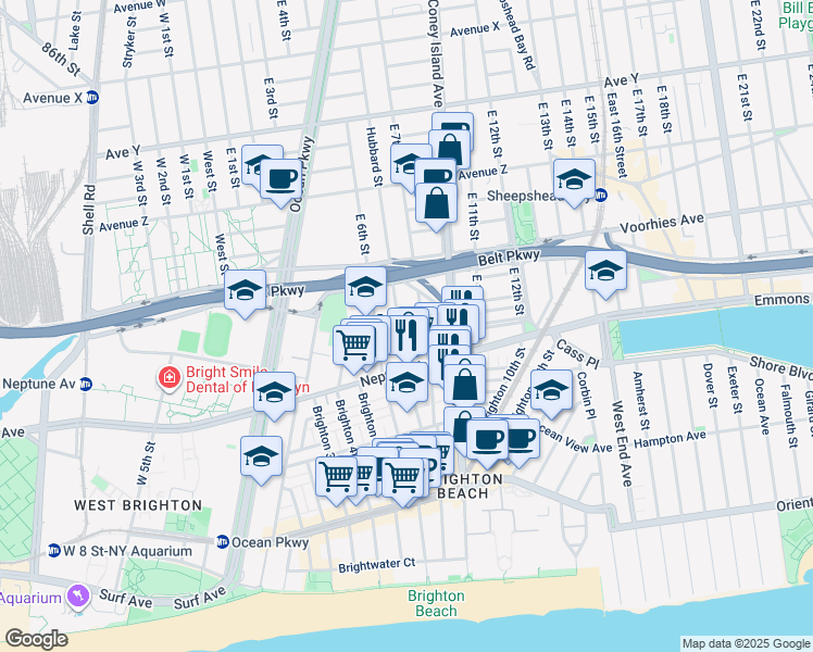 map of restaurants, bars, coffee shops, grocery stores, and more near 2829 Brighton 7th Street in Brooklyn