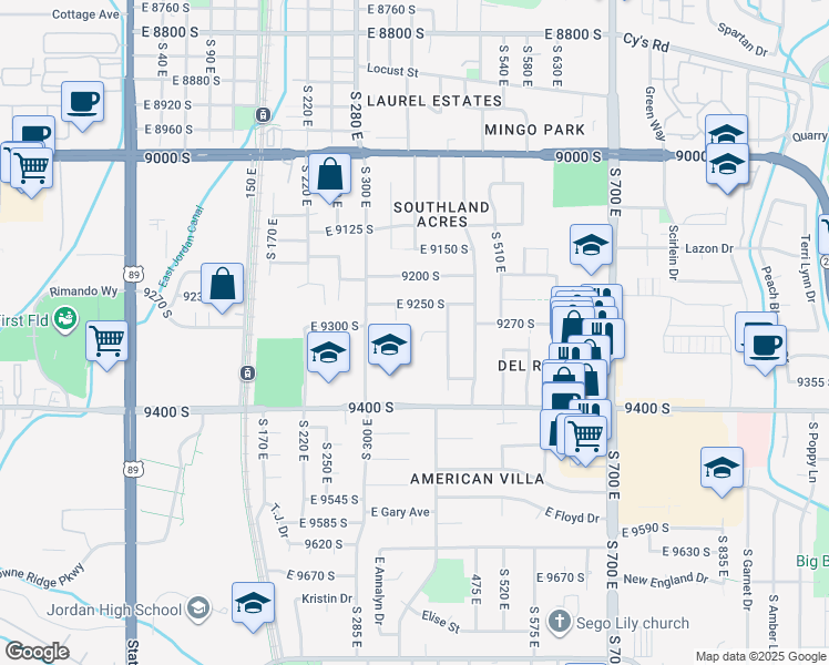 map of restaurants, bars, coffee shops, grocery stores, and more near 9331 South 300 East in Sandy