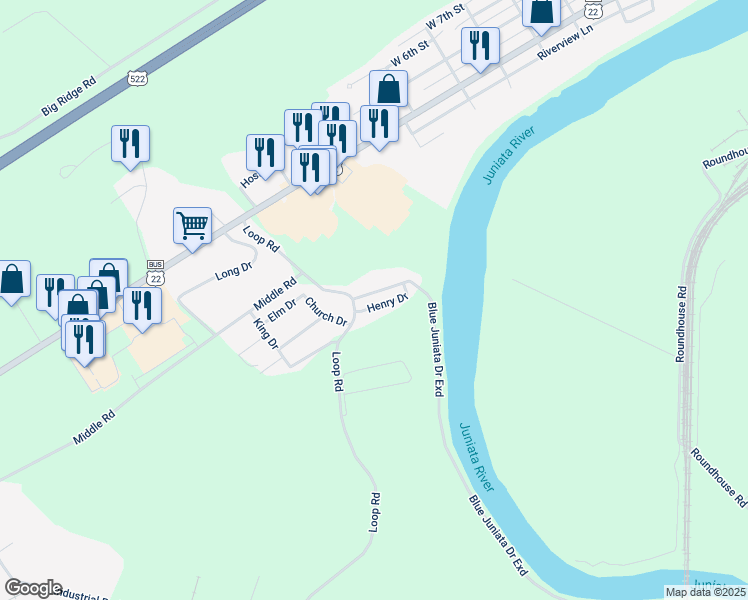 map of restaurants, bars, coffee shops, grocery stores, and more near 10 Blue Juniata Drive in Lewistown